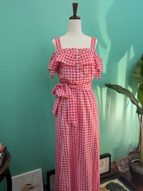 Draper James x Net-a-Porter Red & White Gingham Cold Shoulder Maxi Dress Size 4